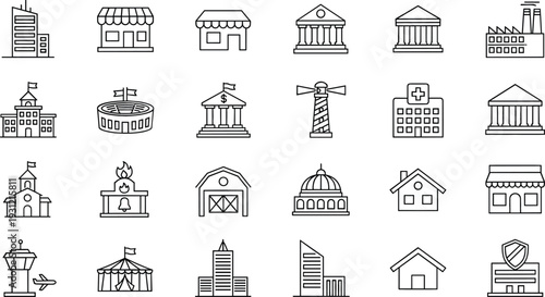 Public and Commercial Building Icon Set with Bank Hospital School Factory and Government Outline Symbols