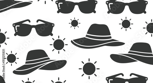 Summer sunglasses and hats seamless vector pattern with sun icons, black and white background
