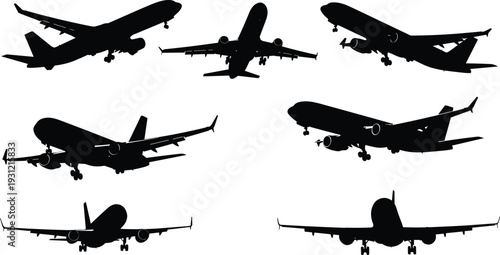 Silhouettes of commercial airplanes diverse angles orientations flight positions aviation design illustration