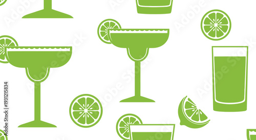 Green Margarita Cocktail Vector Pattern with Lime Slices Seamless Summer Bar Background