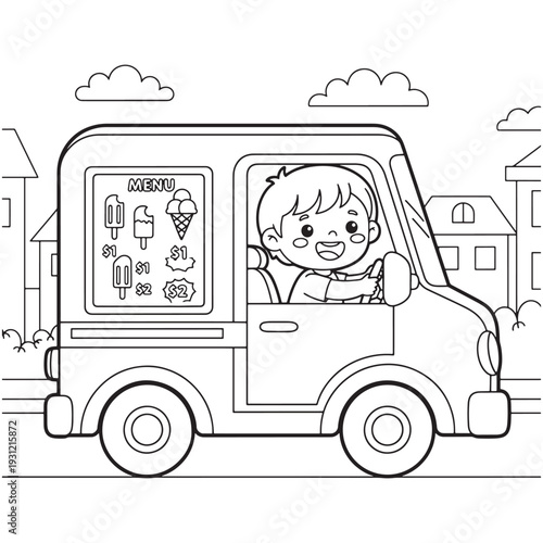 Ice Cream Truck Coloring Page with Boy Driving in Neighborhood
