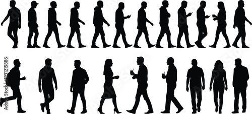 Group of people silhouettes walking in diverse poses, mid‑stride motion, casual attire, vector illustration, human movement study, crowd art design