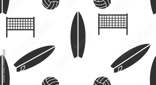 Beach Sports Vector Pattern with Surfboards, Volleyballs, and Nets Seamless Design