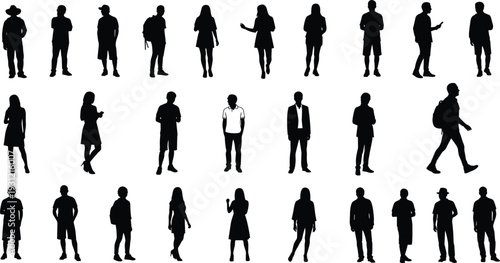Group of people silhouettes with highlighted figure, individuality concept, selection theme, diverse poses, vector illustration, human identity art
