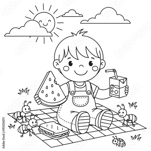 Picnic Scene Coloring Page with Child Eating Watermelon
