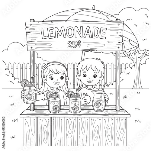 Lemonade Stand Coloring Page with Kids Under Umbrella

