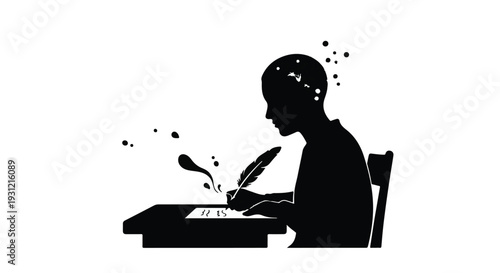 Silhouette of a person writing with a quill pen, creating ideas that flow