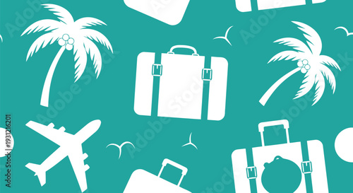 Travel Vector Pattern with Suitcase, Palm Tree, and Airplane Icons on Teal Background