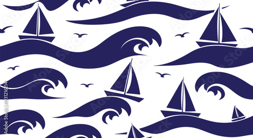 Nautical sailboat vector pattern with waves and seagulls in seamless navy blue design