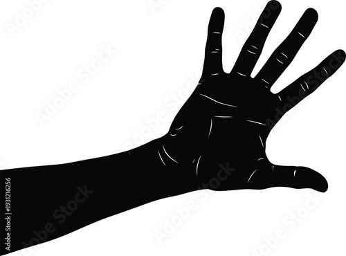 Human hand silhouette vector illustration, anatomical gesture icon design, palm and fingers spread artwork, forearm posture graphic art