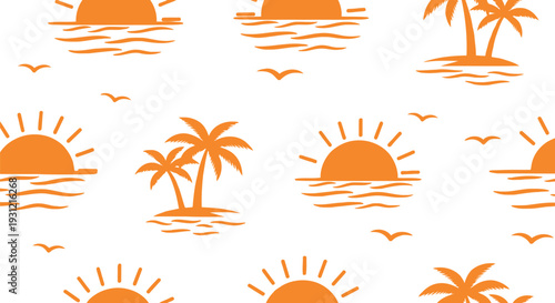 Seamless Summer Sunset Vector Pattern with Palm Trees and Ocean Waves in Orange