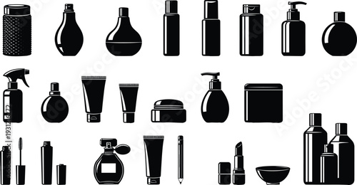 Silhouettes of cosmetic personal care products bottles jars tubes containers skincare haircare makeup packaging design illustration