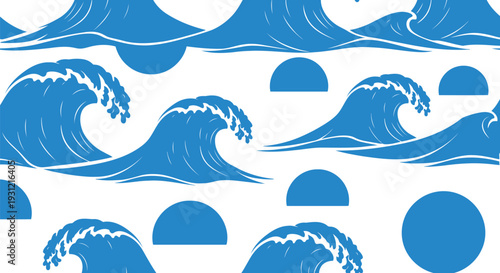 Blue ocean wave vector pattern with sun seamless background for summer and beach designs