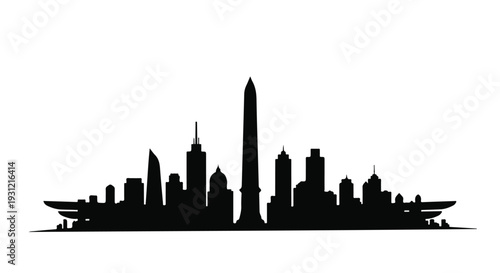 Modern city skyline silhouette with iconic monument at its center.