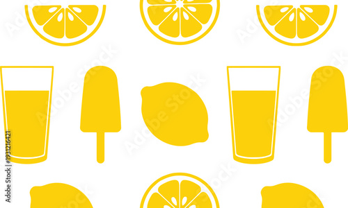 Seamless Lemon Vector Pattern with Citrus Slices, Juice Glasses, and Popsicles in Yellow