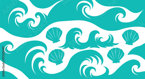 Seamless Ocean Waves and Seashells Vector Pattern in Turquoise for Summer Design
