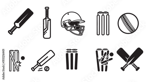 Cricket equipment icons in black and white