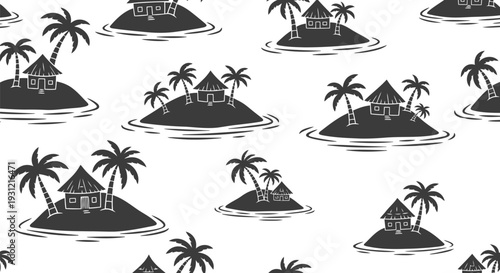 Tropical Island Vector Pattern with Palm Trees and Beach Huts Seamless Background