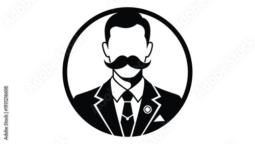 A black and white image of a man with a moustache isolated on white background, Vector