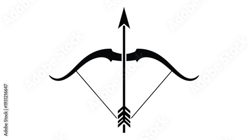 A bow and arrow in a striking black silhouette isolated on white background, Vector
