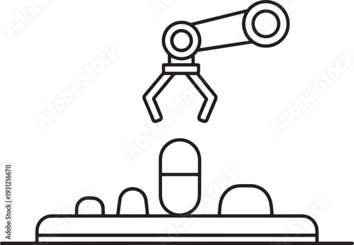 Robotic arm handling a capsule on a conveyor belt