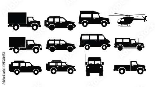 A collection of vehicle silhouettes on a white background isolated on white background, Vector