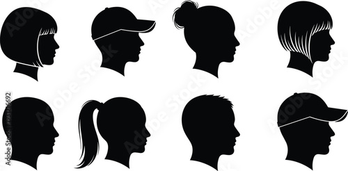 Human head silhouettes with diverse hairstyles and headwear, vector illustration profile icons, creative design elements, stylish haircut variations, modern artistic portrait graphics