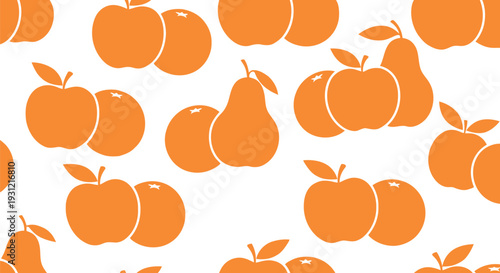 Seamless orange fruit vector pattern with apples, peaches, and pears on white background