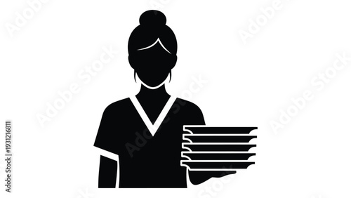 A woman holding plates in a black silhouette isolated on white background, Vector