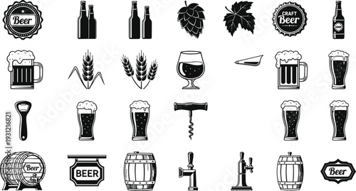 Black and white beer and brewing icon set featuring bottles, mugs, hops, barrels, taps, and craft beer symbols for pub, brewery, and beverage design projects