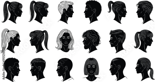 Human head silhouettes with diverse hairstyles, vector illustration showing male and female profiles featuring ponytails, buns, curls, and short hair