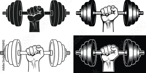 Strong Hand Holding Dumbbell Icon Set with Fitness Power and Gym Workout Silhouette Illustration