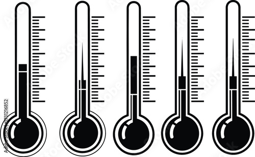 Thermometer Temperature Level Icon Set with Hot and Cold Measurement Indicators in Black Silhouette Style