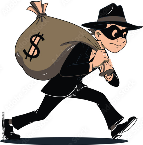 Cartoon thief running with a large money bag