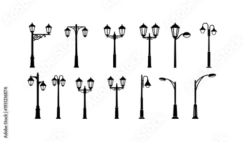 Vintage and Contemporary Street Light Silhouettes Isolated on White Background Vector Set