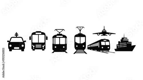 Various modes of transportation in black silhouette isolated on white background, Vector