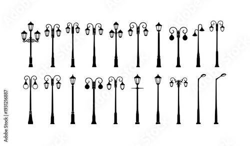 Black Street Lamp Silhouette Vector Collection with Vintage and Modern Lamppost Designs