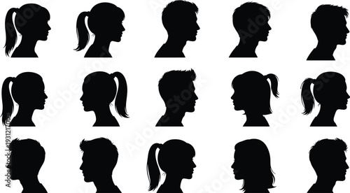 Human head silhouette profiles, diverse hairstyles, male and female side view, vector illustration collection for design, identity, recognition, art projects