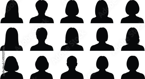 Human head silhouettes, diverse hairstyles, facial profiles, abstract vector illustration, black design elements, individuality representation, demographic diversity icons