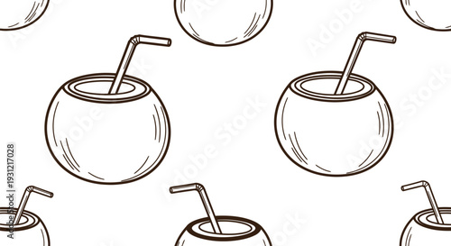 Seamless Coconut Drink Vector Pattern for Summer, Tropical, Beach, and Exotic Designs