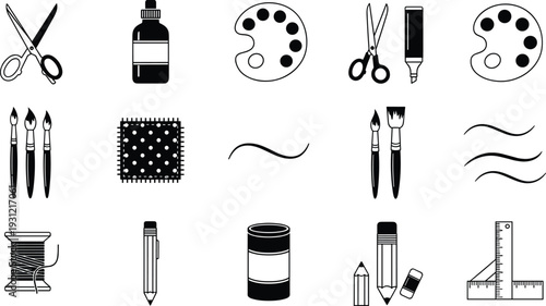 Black and white art and craft supplies icon set featuring scissors, brushes, pencils, rulers, thread, and palette for creative, educational, and design projects