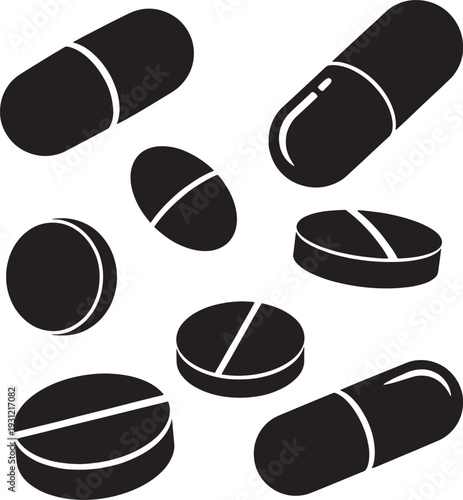 Black and white image of various pills and capsules