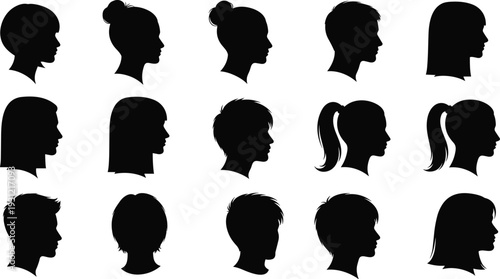 Human head silhouettes, diverse hairstyles, facial profiles, masculine and feminine features, abstract vector illustration, black design elements, demographic diversity icons