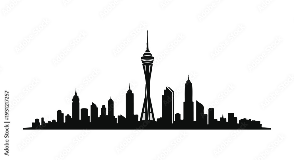 Obraz premium Modern cityscape silhouette at dusk, showcasing a vibrant urban skyline.