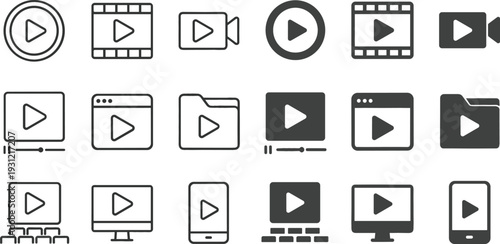 Video Player and Media Play Icon Set with Film Camera Screen and Streaming Symbols in Line and Solid Style