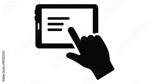 A hand clicks on a tablet screen with menu isolated on white background, Vector