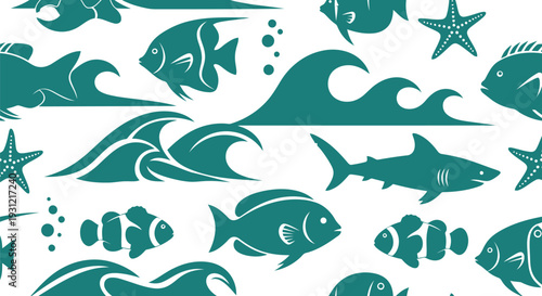 Seamless Ocean Fish Vector Pattern with Waves and Marine Life for Summer Design