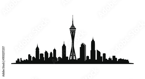 Modern cityscape silhouette at dusk, showcasing a vibrant urban skyline.