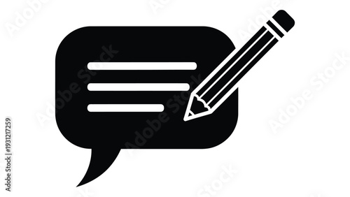 A black and white icon of a speech bubble with a pencil isolated on white background, Vector