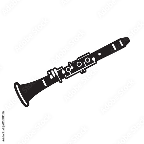 A black and white image of a clarinet